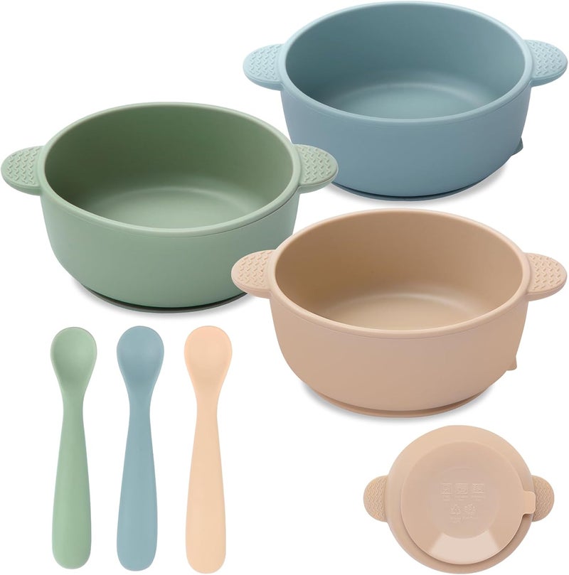 Eascrozn Baby Bowls with Suction and Baby Spoons Set of 3, Silicone Stay Put Bowls and Feeding Spoons for Babies Toddlers Kids, BPA Free,Microwave and Dishwasher Safe - Image 1